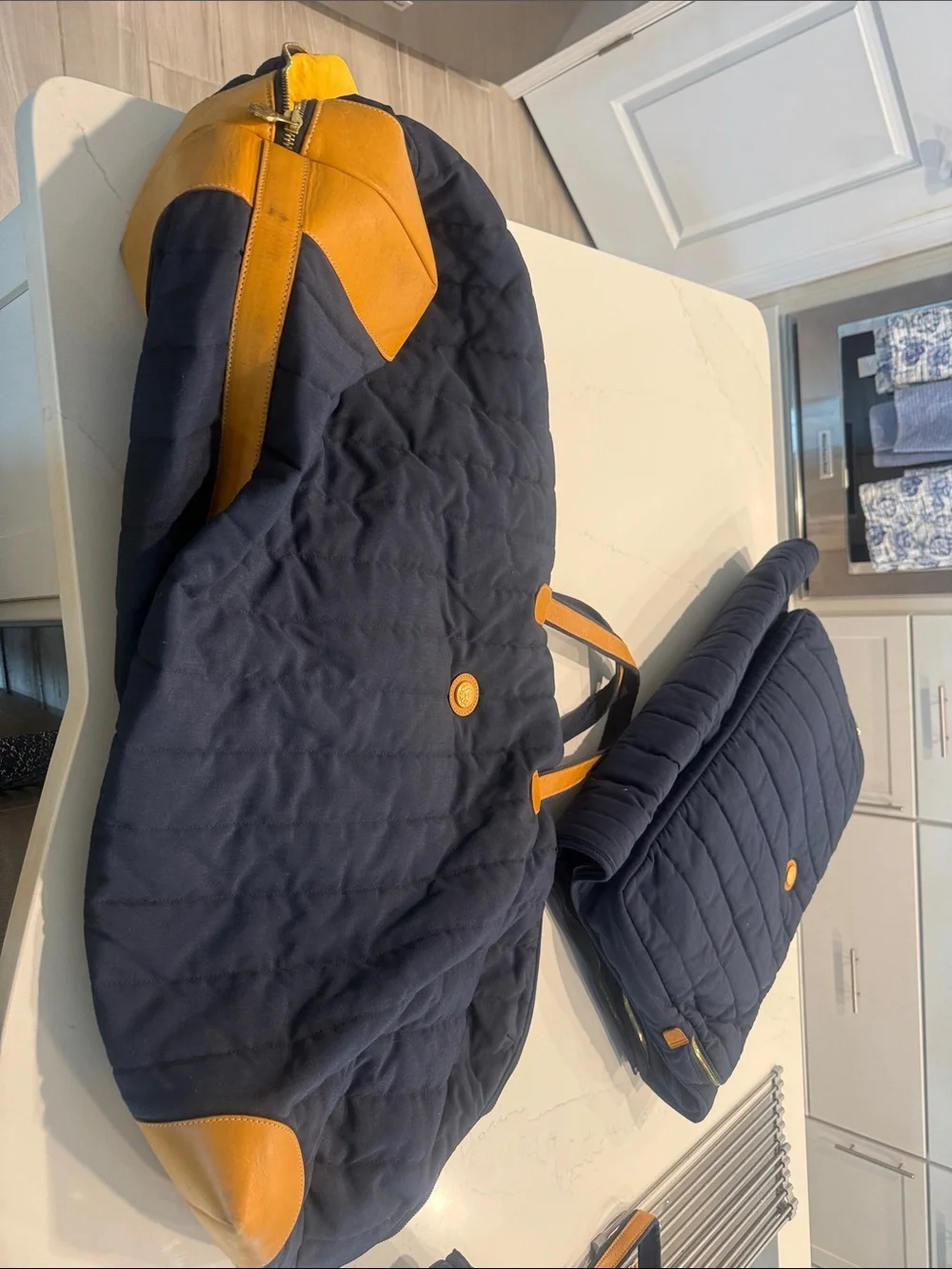 Set of 3 GHURKA luggage bags. Navy Blue Cloth and leather .1 new,2 gently used.
